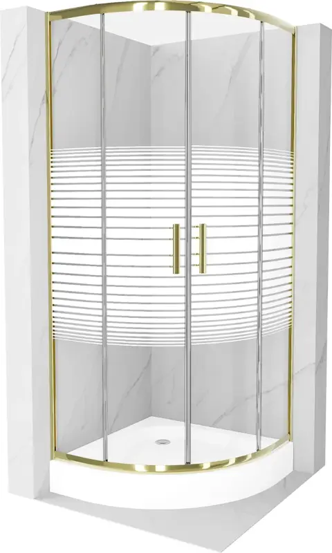 Gyors szállítás Mexen Rio 90 x 90 cm-es félköríves zuhanykabin, fehér csíkok, arany + zuhanytálca, fehér - 863-090-090-50-20-4710