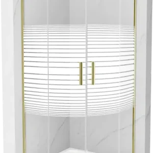 Mexen Rio Félkör alakú zuhanykabin 90 x 90 cm, fehér csíkok, arany + Flat zuhanytálca, fehér - 863-090-090-50-20-4110G Kiárusítás