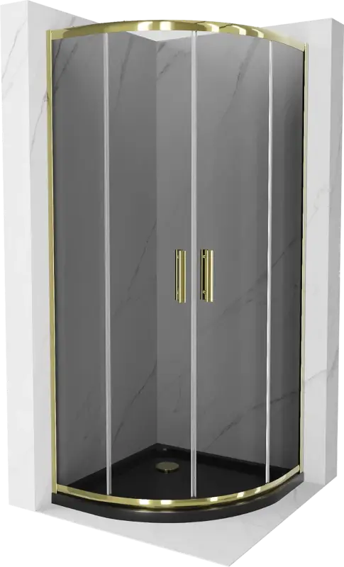 Korlátozott ajánlat Mexen Rio félköríves zuhanykabin 90 x 90 cm, grafit, arany + Flat tálca, fekete - 863-090-090-50-40-4170G