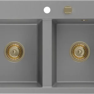 Kihagyhatatlan ajánlat Mexen Hektor gránit mosogató 2-medencés 800 x 480 mm, szürke, arany szifon - 6521802000-71-G