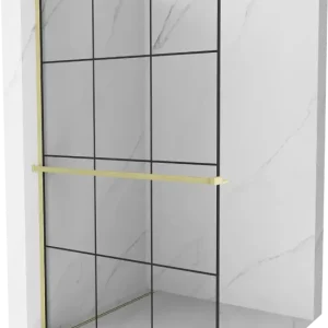 Alacsony ár Mexen Kioto+ zuhanyfal polccal Walk-in 100 x 200 cm, fekete rács, arany kefe - 800-100-121-55-77
