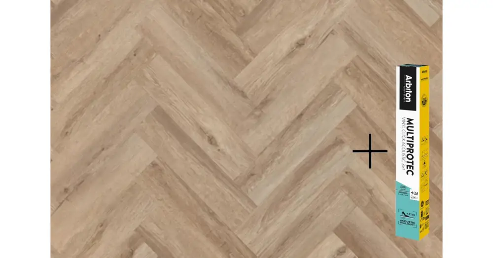 Kiárusítás ARBITON AMARON HERRINGBONE 4V SPC/vinyl vízálló padló, Windsor Oak+Multiprotec Vinyl Acoustic alátét